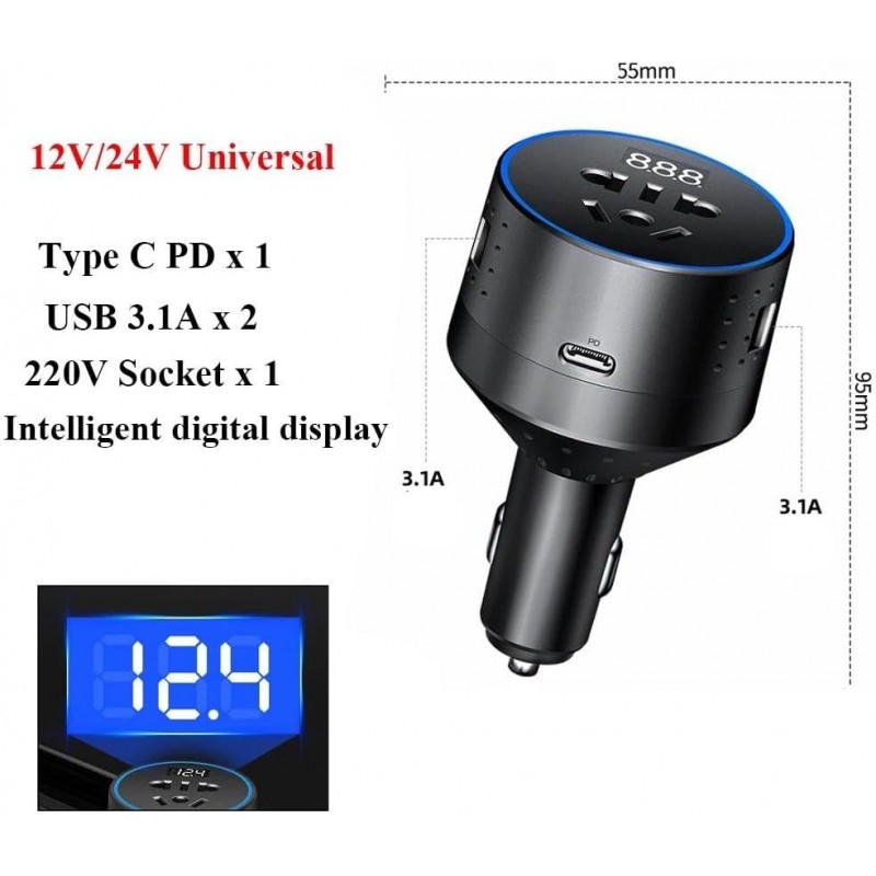 Convertisseur Chargeur Voiture 12v 220v PD Type-c QC3.0 Prise USB Adaptateur Charge Voiture 24V Convertisseur Puissance