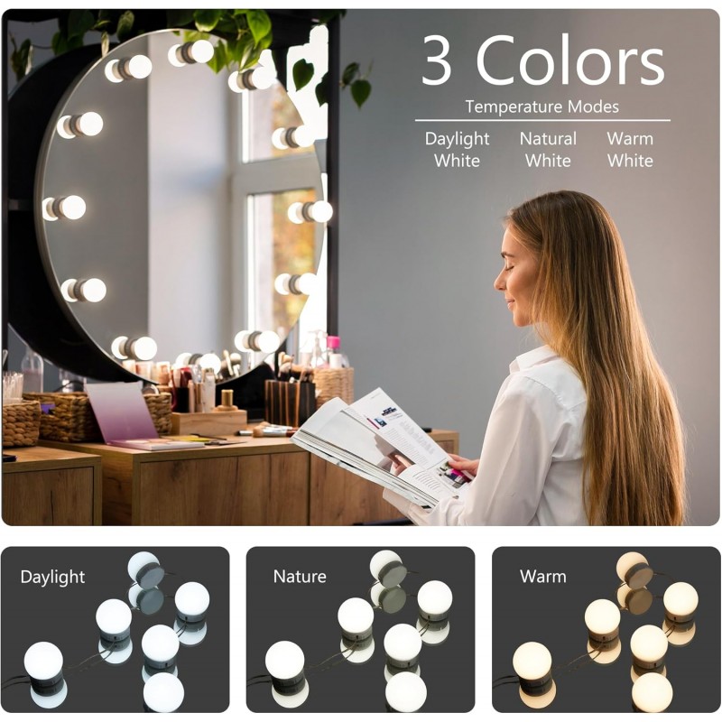 Mondeer Lumière de Miroir, 10 Ampoules Hollywood Kit de Lumière LED Dimmable Lampe pour Miroir Cosmétique Salle de Bain avec 3