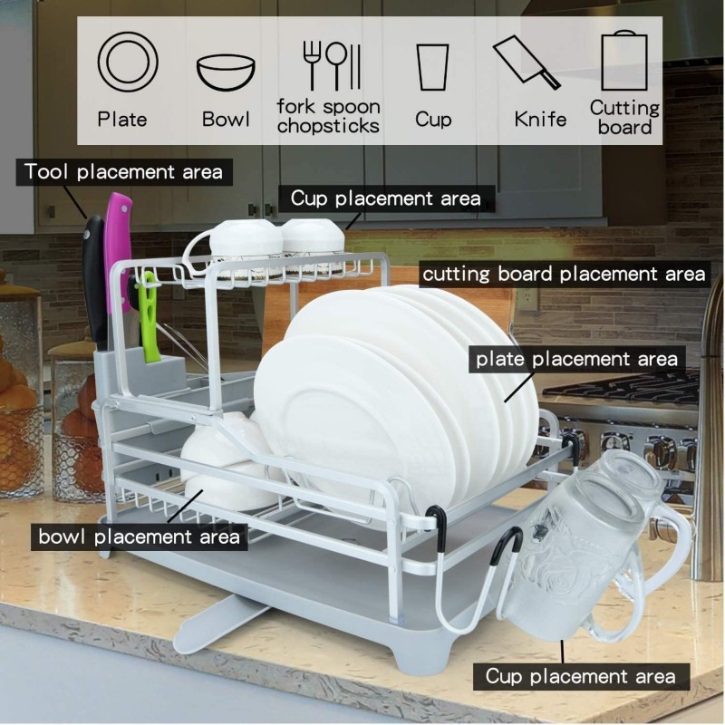 HOLABONITA Égouttoir à Vaisselle à 2 Niveaux avec égouttoir à Tasses 3 Porte-ustensiles divisés