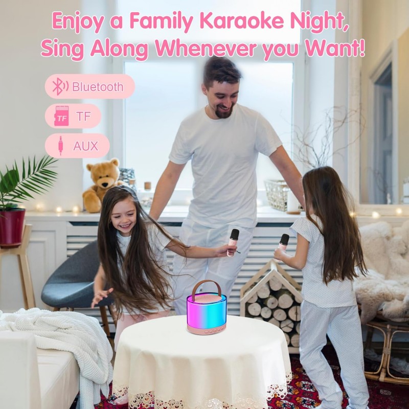 Ankuka Machine Karaoké Portable avec 2 Microphones sans Fil, Enceinte Bluetooth avec Effets Lumineux pour Enfants et Adultes,