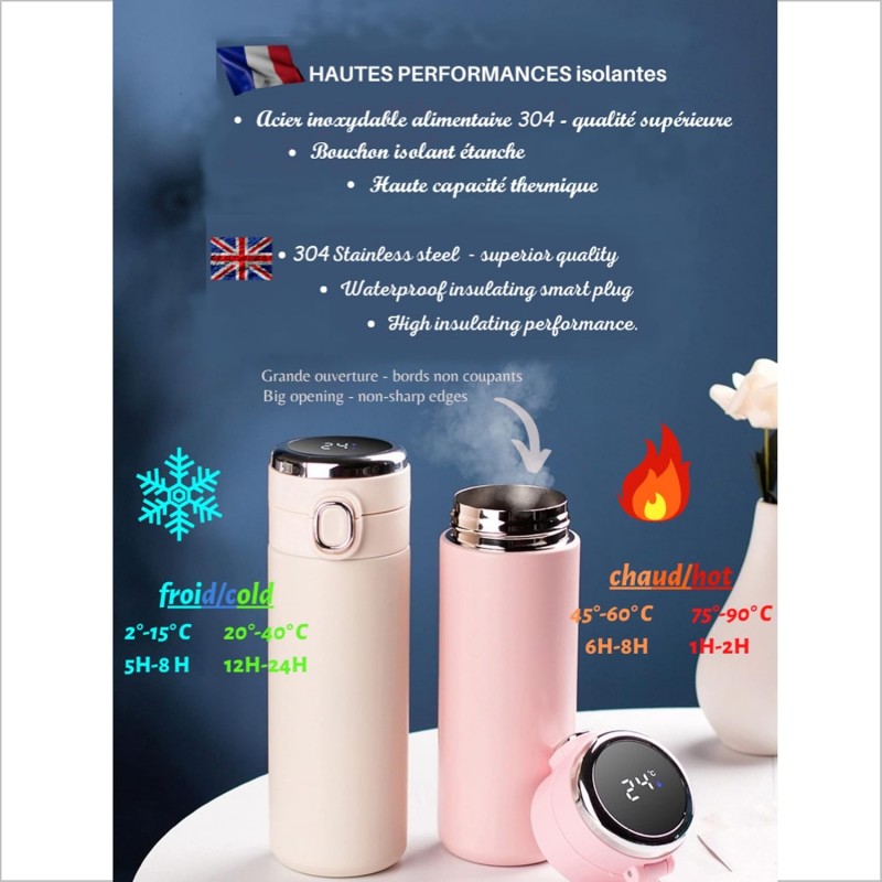 2021 Bouteille d'eau ISOTHERME ETANCHE INTELLIGENTE INDICATEUR TEMPERATURE ECRAN LED Gourde Tasse REUTILISABLE vide double paroi