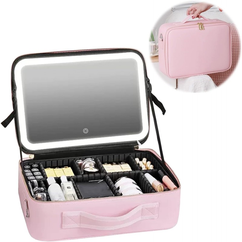 Trousse de voyage de maquillage éclairée avec grand miroir lumineux LED, organisateur de sac Coetic, trois sources de lumière