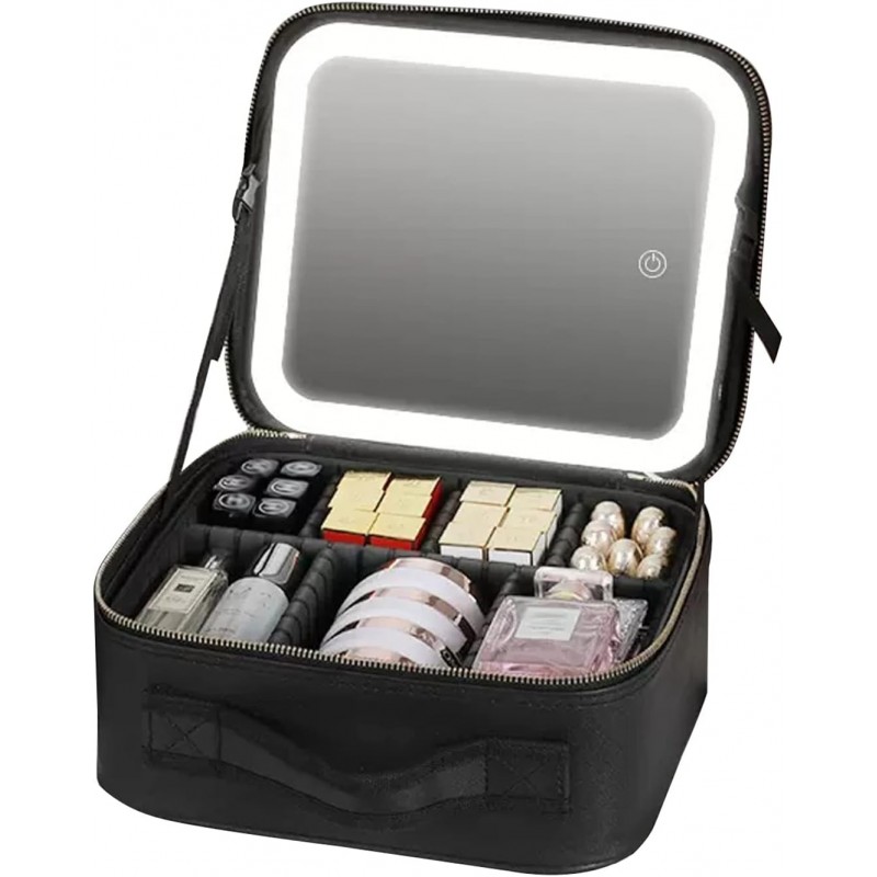 Trousse de voyage de maquillage éclairée avec grand miroir lumineux LED, organisateur de sac Coetic, trois sources de lumière