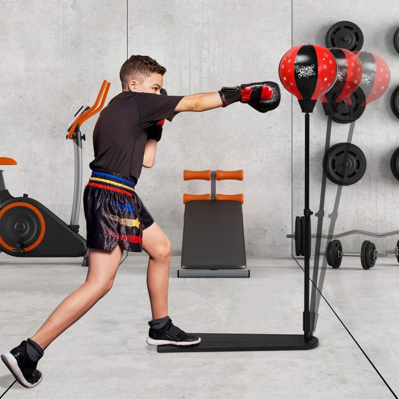 GYMAX Punching Ball pour Enfants 85-130cm Réglable en Hauteur, Sac de Frappe sur Pied avec Gants de Boxe & Pompe à Main