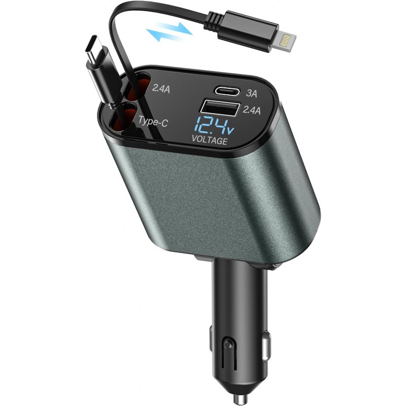 BOOTEEK 120W Chargeur de Voiture Retractable 4 en 1 Chargeur Voiture Rapide avec Câbles Rétractables et Affichage de La Tension