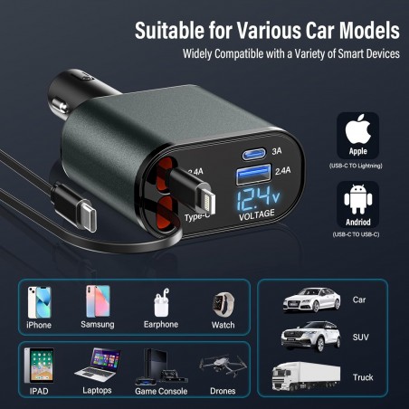 BOOTEEK 120W Chargeur de Voiture Retractable 4 en 1 Chargeur Voiture Rapide avec Câbles Rétractables et Affichage de La Tension,